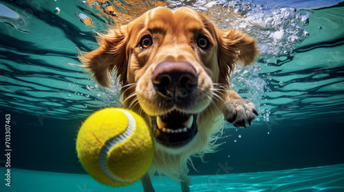 golden retriever dog playing with ball underwater