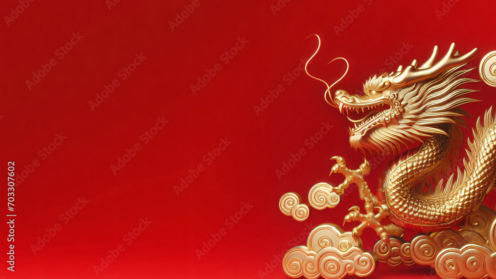 Traditional Chinese Golden Dragon Decor on Red Background, celebrating Chinese New Year and Lunar New Year 2024 Traditional Chinese Golden Dragon Decor on Red Background, celebrating Chinese New Year and Lunar New Year 2024