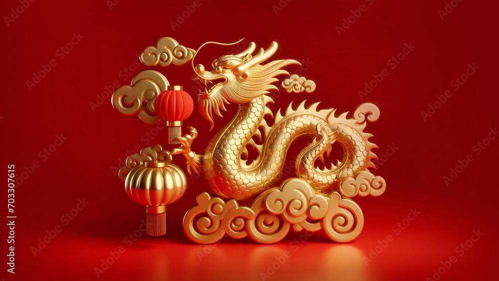 Traditional Chinese Golden Dragon Decor on Red Background, celebrating Chinese New Year and Lunar New Year 2024
