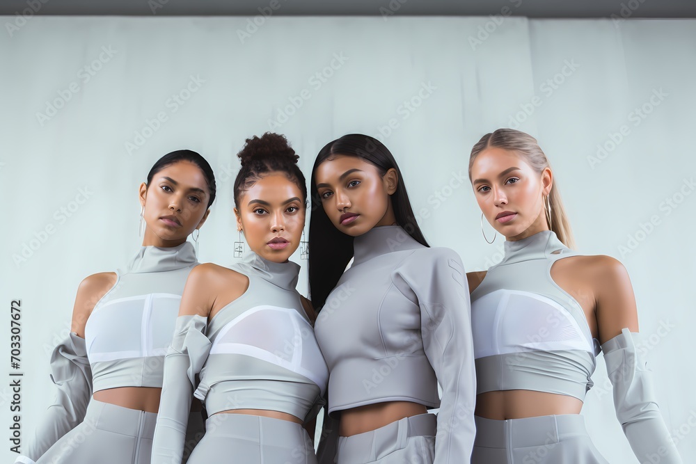 A group of young models wearing matching athleisure sets, embracing the latest fitness fashion trends, against a solid light silver background. A group of young models wearing matching athleisure sets, embracing the latest fitness fashion trends, against a solid light silver background.