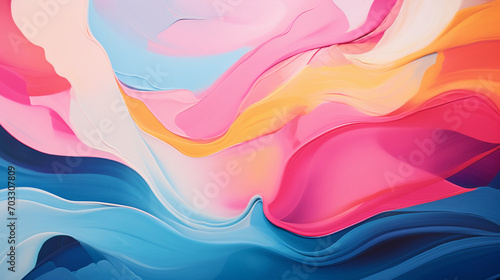 a colorful abstract painting with a blue background and a pink and yellow swirl on the bottom  photo