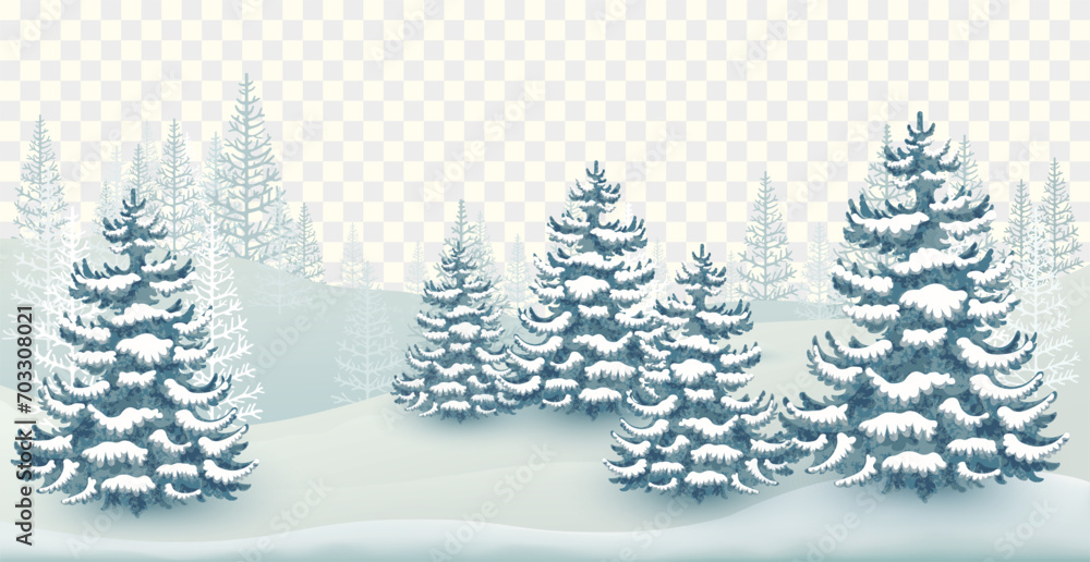 Landscape with snowdrifts and coniferous trees in winter forest isolated. Vector illustration 

