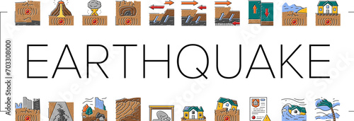 earthquake disaster wave crack icons set vector. building house, ground destruction, damage city, nature, home earth, natural urban earthquake disaster wave crack color line illustrations
