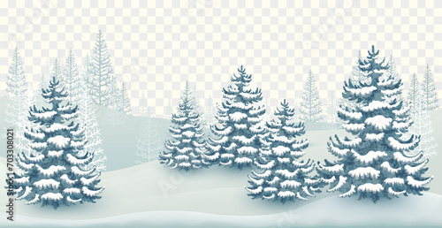 Landscape with snowdrifts and coniferous trees in winter forest isolated. Vector illustration 

 photo