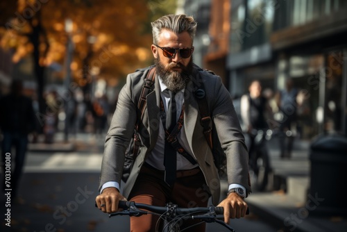 Hipster businessman with a beard, making his daily office commute on a bicycle along an urban road, Generative AI