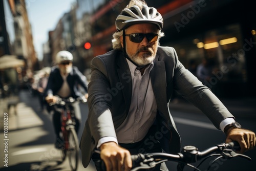 Middle-aged Caucasian businessman confidently cycling through the city streets on a bright morning, ready for a productive workday, Generative AI © Shooting Star Std