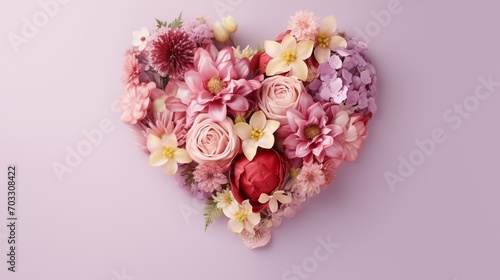 Flower Heart Shape. Bouquet of flowers in heart shape on copy space for text. Perfect for Valentine s day  Mother s day  women s Day  background. 