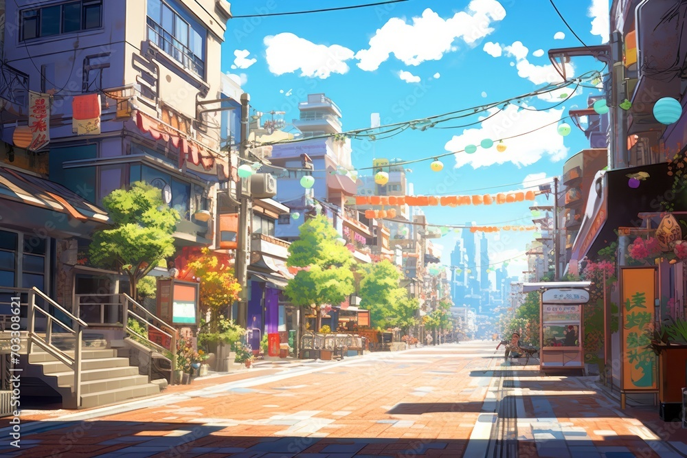 Create a visual masterpiece with an anime-style background showcasing a Japan city street, where characters in iconic anime, Generative AI 