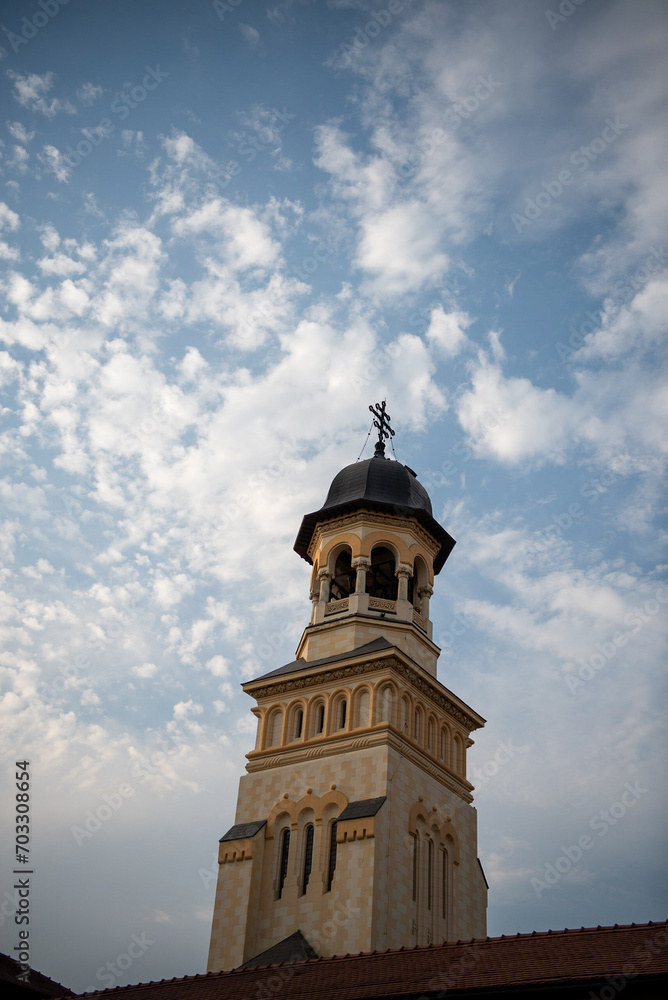 The tower of the Romanian Orthodox church in blue sky