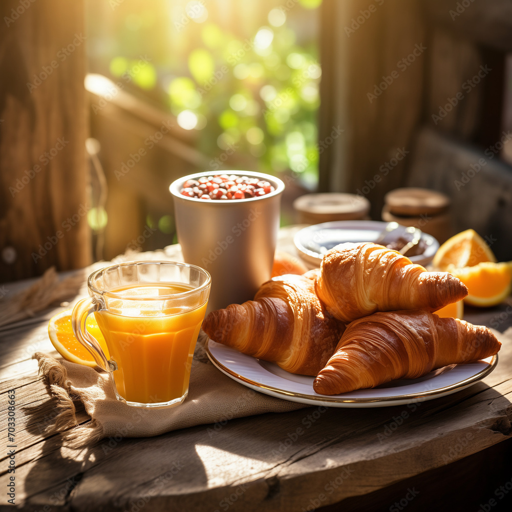 Breakfast with croissant fresh coffee and orange juice. Breakfast with croissant fresh coffee and orange juice.