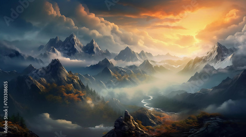 Beautiful panorama of mountains in the clouds 