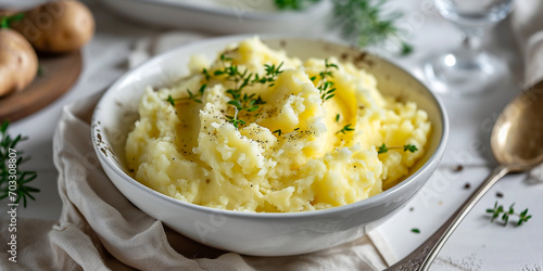 Creamy mashed potatoes in a white bowl on the kitchen table