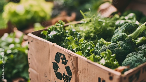 box filled with fresh organic vegetables, prominently featuring a recycling symbol, representing sustainable packaging solutions and eco-friendly agricultural methods, including organic composting. photo