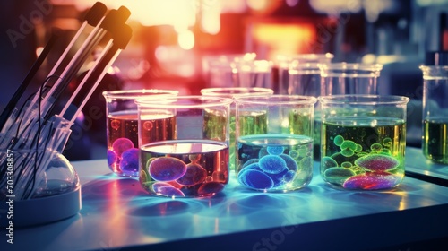 Close-up of identical flasks with multicolored contents in a modern scientific medical laboratory. New drug development, research, pharmaceuticals, biotechnology, microbes, biology, chemistry concepts photo