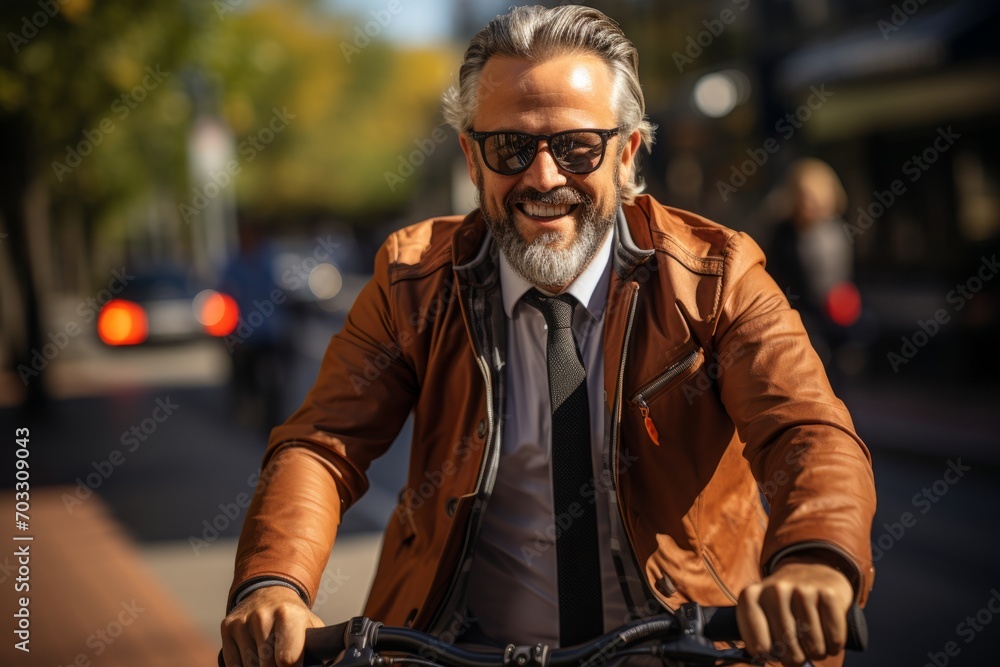 Well-dressed middle-aged businessman starting his workday by biking through the city streets under the morning sun, Generative AI Well-dressed middle-aged businessman starting his workday by biking through the city streets under the morning sun, Generative AI