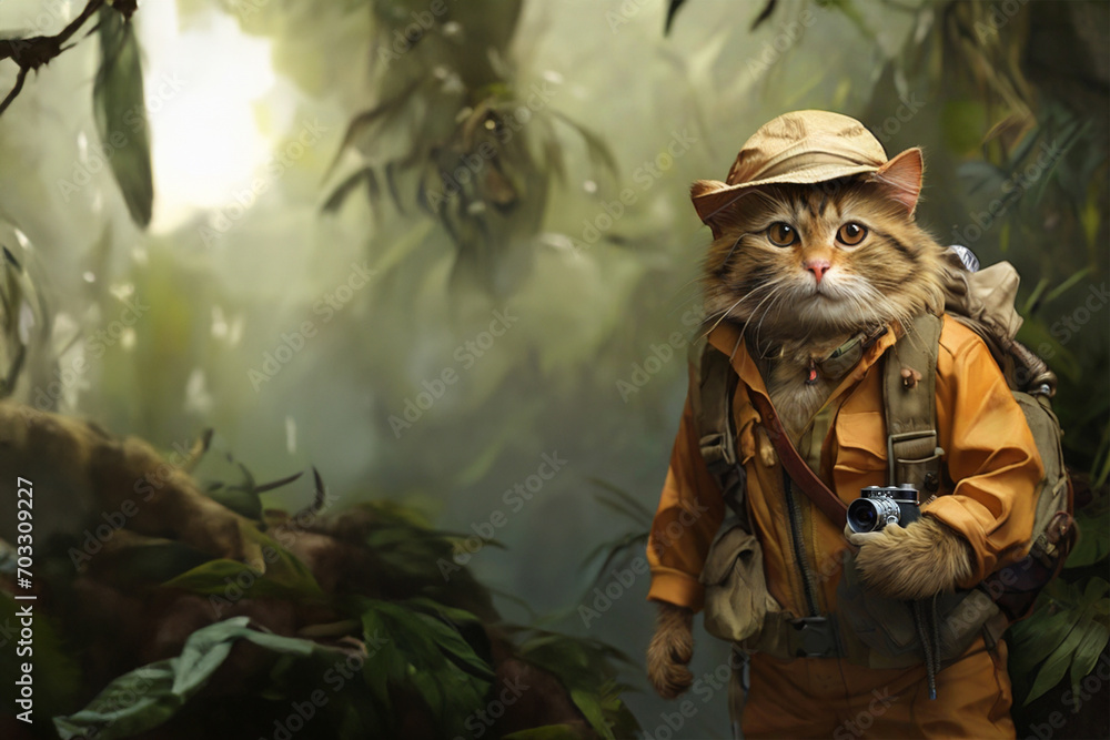 A cat in an adventurous outfit is exploring the forest