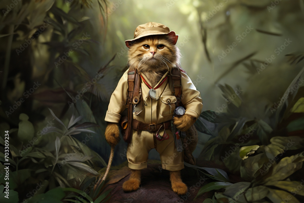 A cat in an adventurous outfit is exploring the forest