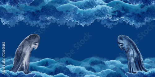 Watercolor abstract blue seamless border with sea, waves, sky, clouds and Blue Monday mood of loneliness and depression.