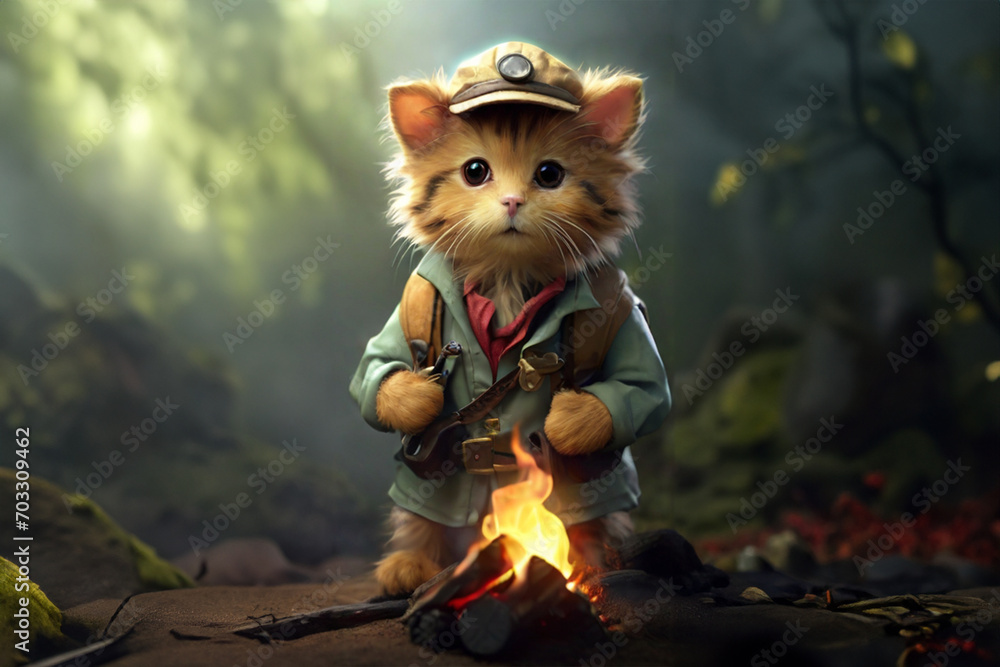 cute terrier cat dressed as a forest explorer is burning a campfire - obrazy, fototapety, plakaty 