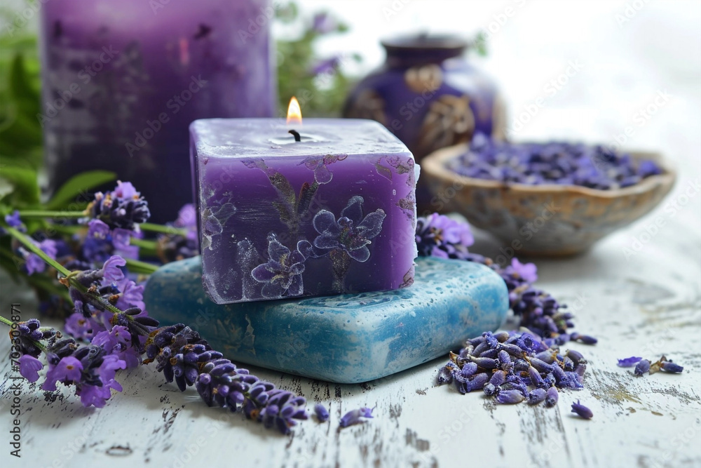 Spa products, soaps, salts and lit candle with lavender flowers Spa products, soaps, salts and lit candle with lavender flowers