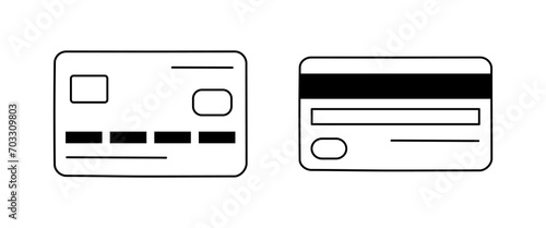 Hand drawn cute outline illustration of credit card on both sides. Flat vector money E-wallet sticker in line art doodle style. Shopping or payment icon or print. Online payment method. Isolated.