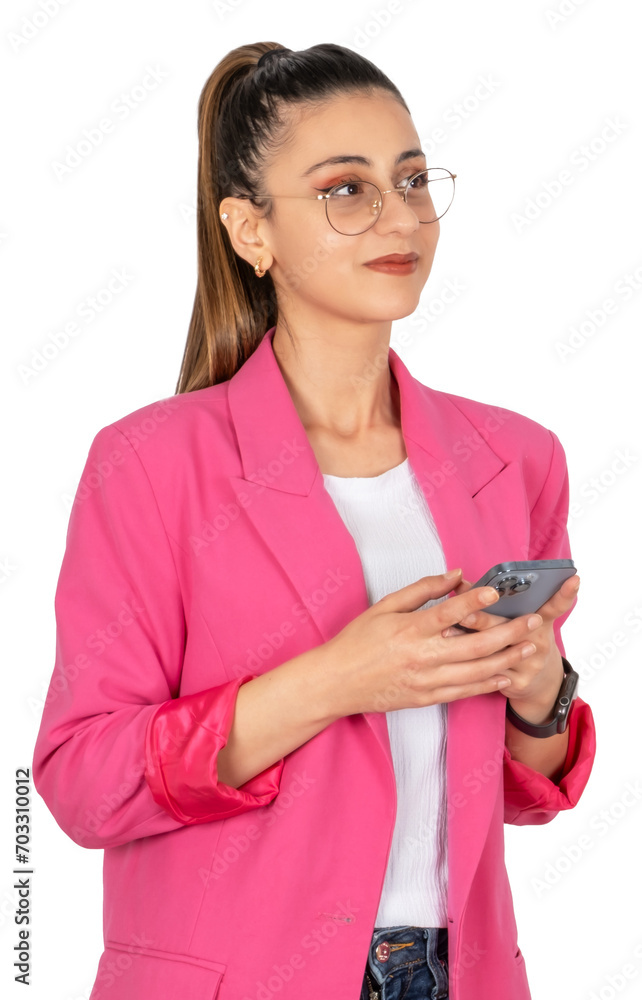 Using modern mobile phone, side view portrait of beautiful caucasian brunette businesswoman using modern mobile phone. Look aside, thinking, dreaming, reading pleasant message. Copy space. Using modern mobile phone, side view portrait of beautiful caucasian brunette businesswoman using modern mobile phone. Look aside, thinking, dreaming, reading pleasant message. Copy space.