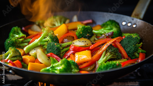 vegetable stir fry in wok with broccoli, carrots and bell pepper photo