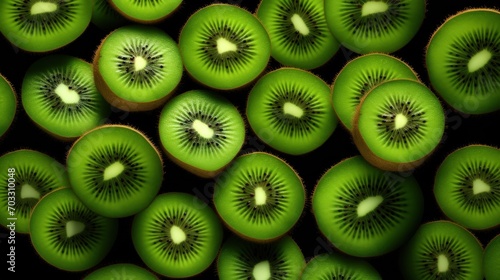  a group of sliced kiwis sitting next to each other on top of a pile of other kiwis.