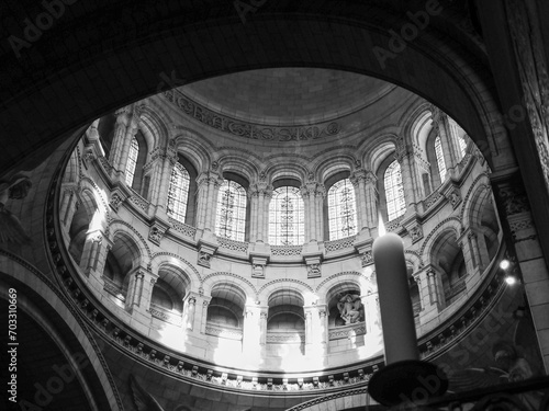 A dome of a cathedral  in black and white  from the inside