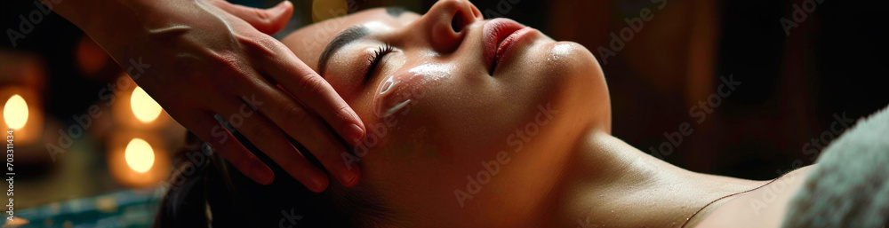 Fototapeta premium Beautiful young woman receiving massage in spa salon. AI generated.