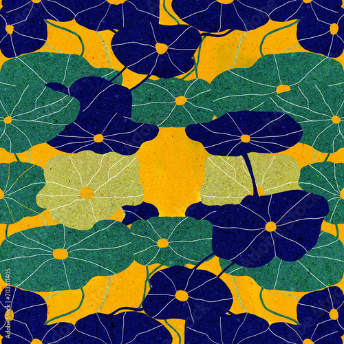 Ilustracja grafika motyw roślinny zielone niebieskie liście nasturcji na żółtym tle.
