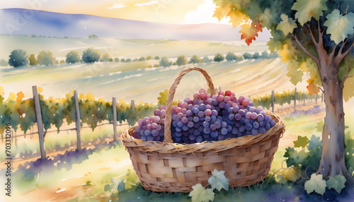 watercolor painting a pile of grapes sitting in a basket in the field garden