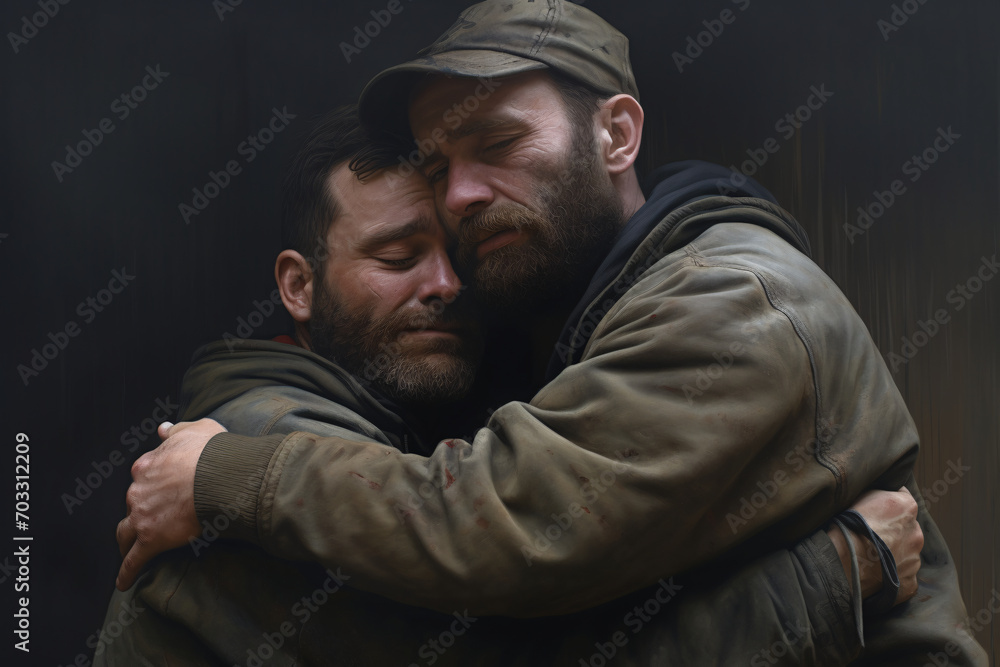 Two emotional men giving each other a hug Two emotional men giving each other a hug