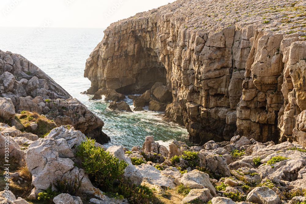 Obraz premium White stone, or white rock, rugged, arid and limestone rock. Suances, Cantabria, Spain.