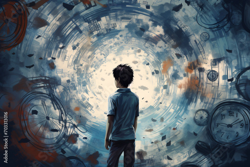 A young boy surrounded by chaotic thoughts, intrusive thoughts, or overthinking, depicting the concept of neurodiversity, ADHD or Autism