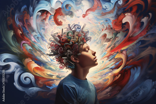 A young boy surrounded by chaotic thoughts, intrusive thoughts, or overthinking, depicting the concept of neurodiversity, ADHD or Autism photo