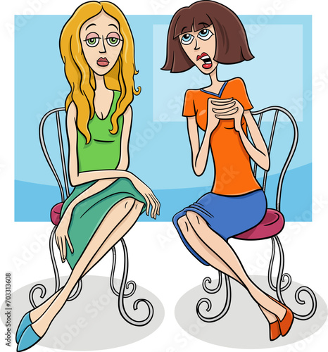 cartoon woman gossiping to another bored woman