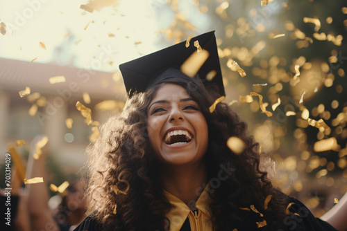 Candid moment of a female College student smiling and celebrating at her graduation ceremony, golden glitter flying through the air