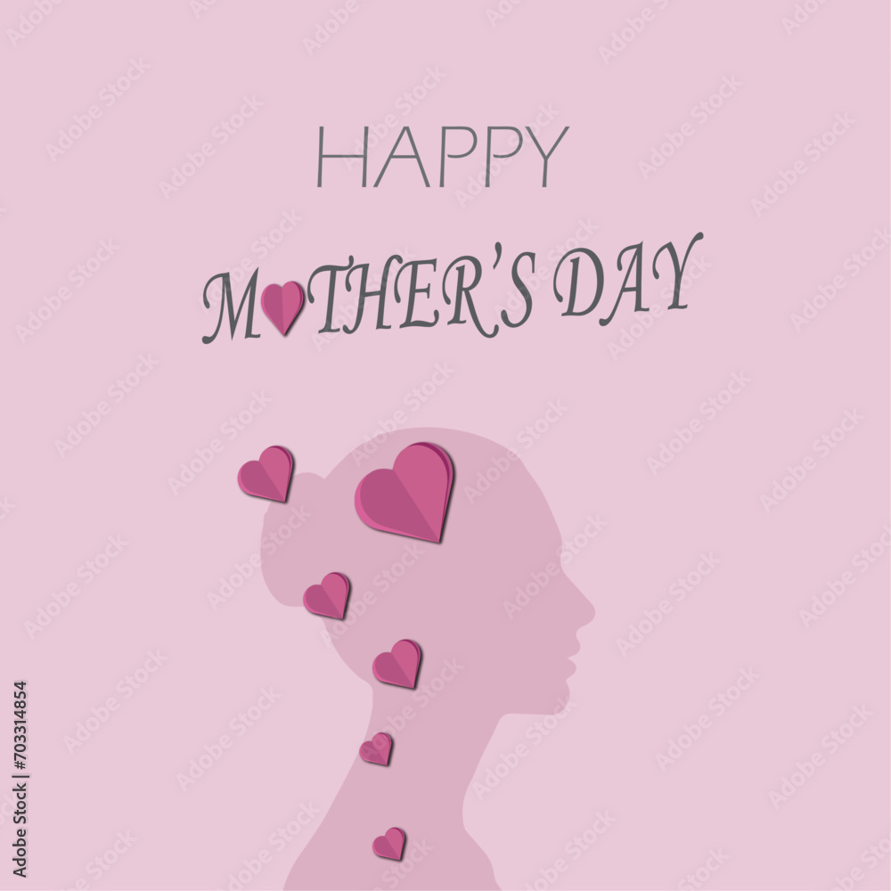 Mother's day greeting card. Woman silhouette with pink paper hearts. Vector festive mom postcard. Symbol of love mum and child on white background Mother's day greeting card. Woman silhouette with pink paper hearts. Vector festive mom postcard. Symbol of love mum and child on white background