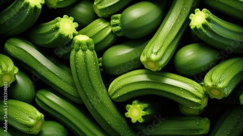  a bunch of cucumbers that are green with some yellow flowers on the end of the cucumbers.