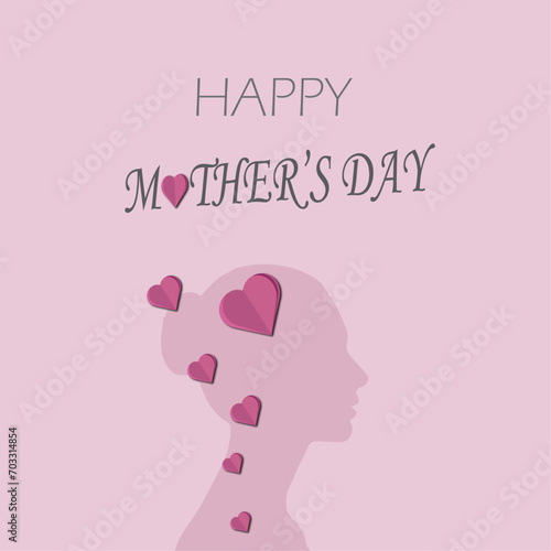 Mother's day greeting card. Woman silhouette with pink paper hearts. Vector festive mom postcard. Symbol of love mum and child on white background