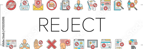 reject man stop stamp cancel icons set vector. business person, negative hand, deny concept, people decline, document red x reject man stop stamp cancel color line illustrations