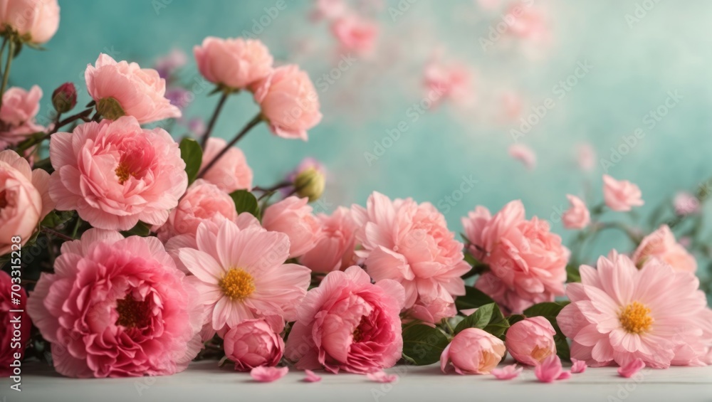 Bouquet of pink roses and chrysanthemums on a blue background with copy space