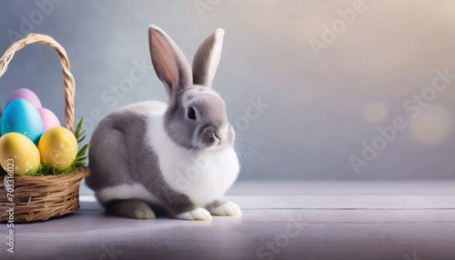 Lapin de Pâques, avec un panier d'oeufs décorés