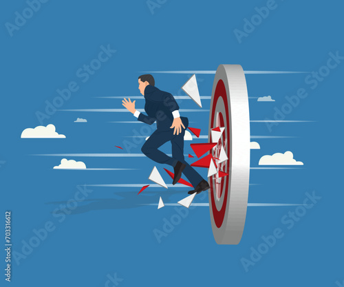Businessman running towards goal, business competition, success. Business concept vector illustration
