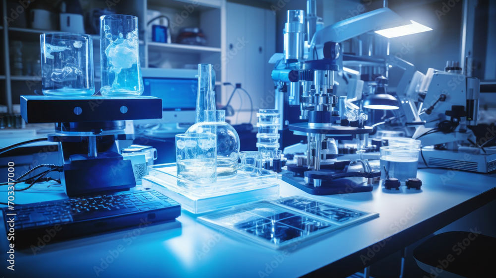 A modern medical research laboratory with high-tech equipment: computer, microscope, glassware with biochemical preparations on table. Science, biotechnology, pharmaceuticals, microbiology concepts. A modern medical research laboratory with high-tech equipment: computer, microscope, glassware with biochemical preparations on table. Science, biotechnology, pharmaceuticals, microbiology concepts.