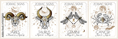 Vector set of the 4 first zodiac signs. Gold on a white background. Aries, Taurus, Gemini, Cancer