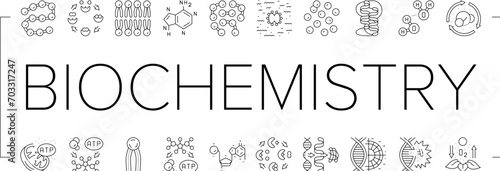 biotechnology chemistry science icons set vector. biochemistry dna, research medical biology laboratory medicine technology scientific biotechnology chemistry science black line illustrations