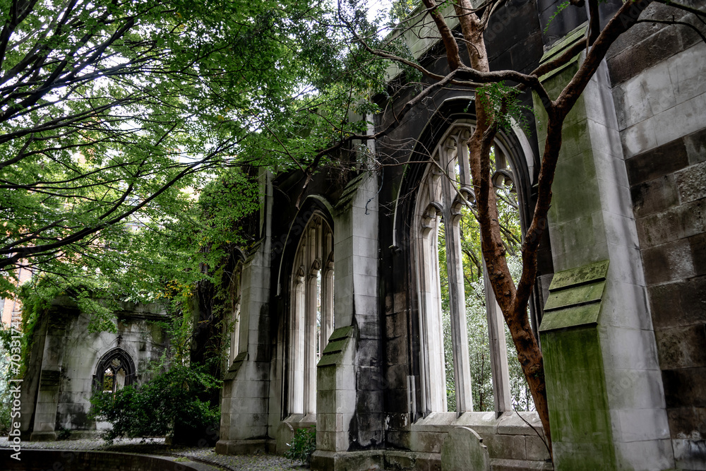 St. Dunstan In The Eeast, Abandoned And Decayed Church Ruin With Peaceful Garden In The Churchyard In London, United Kingdom