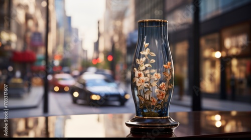  a glass vase with flowers on a table in front of a city street with a car on the other side of the street.